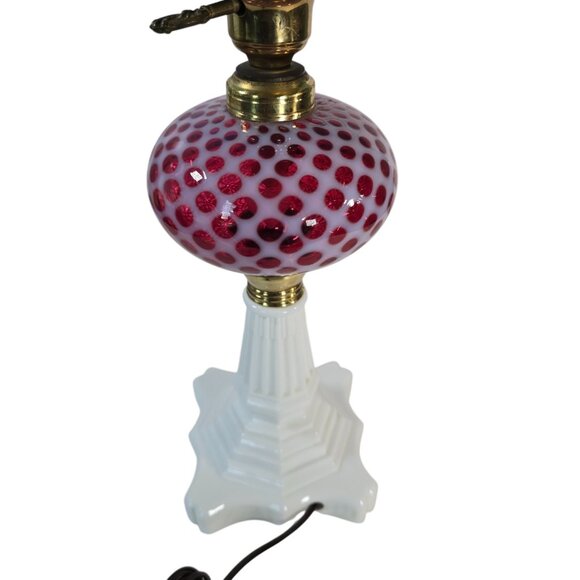 Vintage Cranberry Hobnail Glass Lamp Fenton Style Cut to Clear Shade Milk Glass - Picture 16 of 16